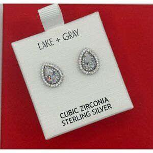 NEW Lake + Gray 925 Sterling Silver CZ Pear Halo Style Stud Earrings